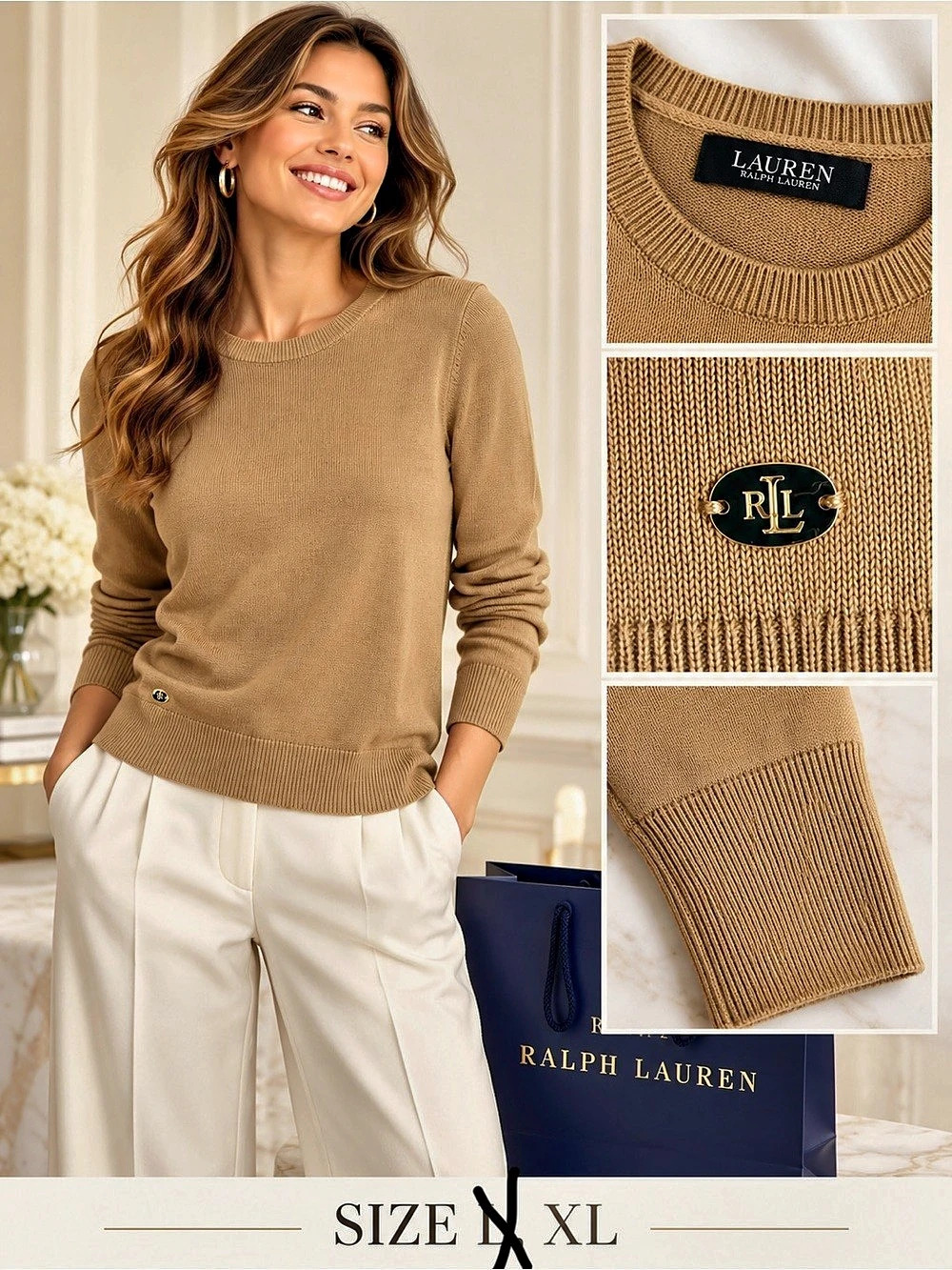 Lauren Ralph Lauren Ribbed Crewneck Sweater Brown XL Like New